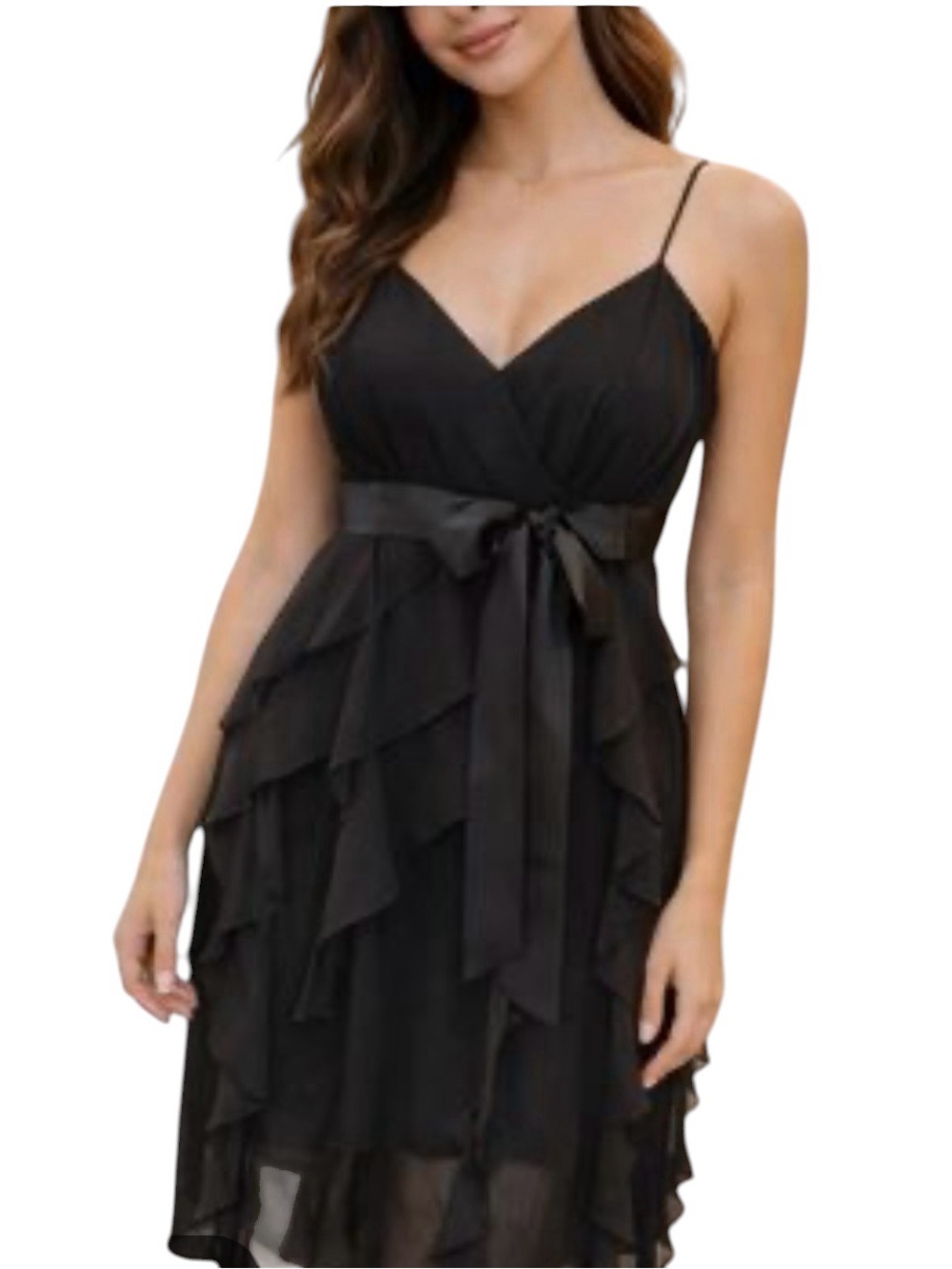 Scarlett Black Ruffle-Front Slip Midi Dress with Satin Bow